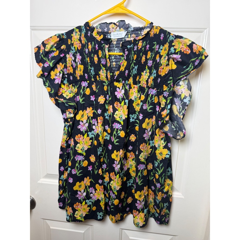 Shop The Mint Floral Smocked Flutter Sleeve Blouse Black Yellow